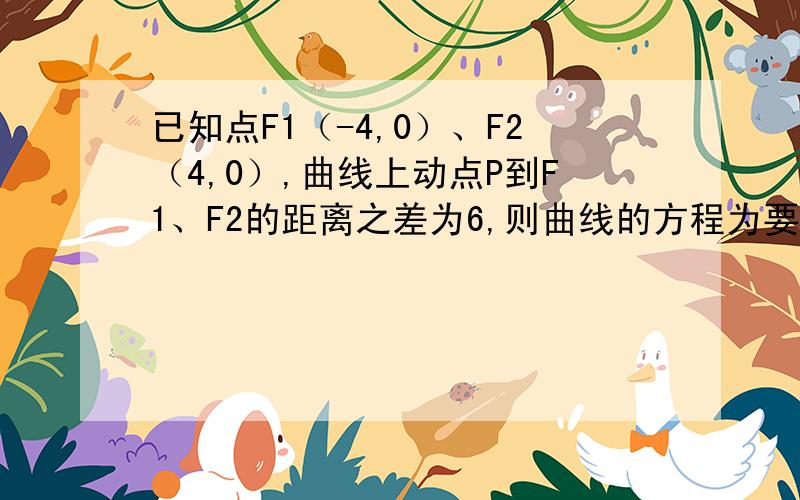 已知点F1（-4,0）、F2（4,0）,曲线上动点P到F1、F2的距离之差为6,则曲线的方程为要有详细过程