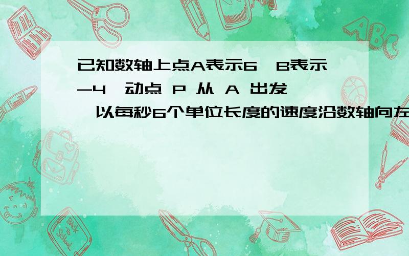 已知数轴上点A表示6,B表示-4,动点 P 从 A 出发,以每秒6个单位长度的速度沿数轴向左匀速运动……已知数轴上点A表示6,B表示-4,动点 P 从 A 出发,以每秒6个单位长度的速度沿数轴向左匀速运动.动