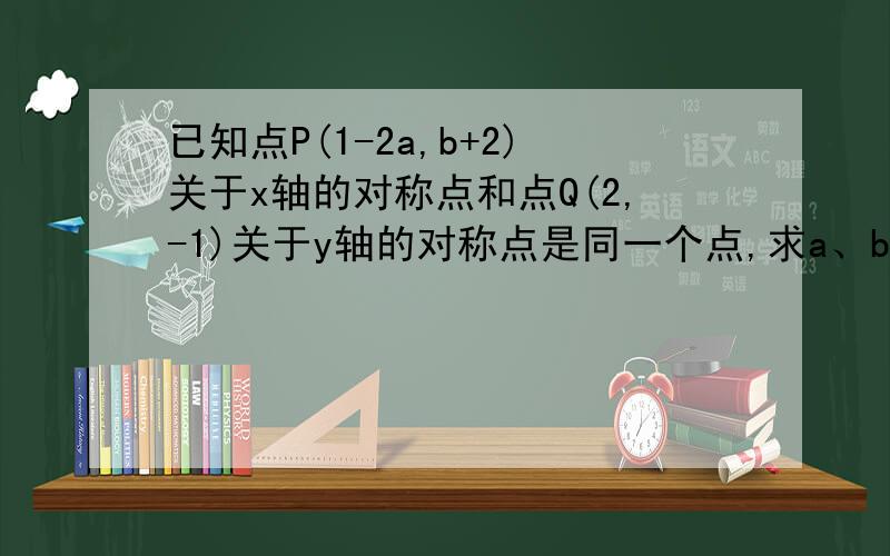 已知点P(1-2a,b+2)关于x轴的对称点和点Q(2,-1)关于y轴的对称点是同一个点,求a、b的值