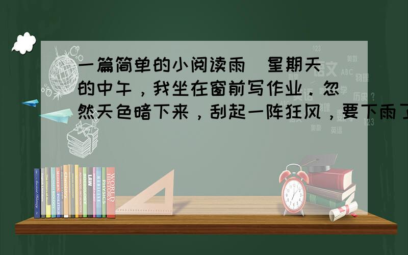 一篇简单的小阅读雨  星期天的中午，我坐在窗前写作业。忽然天色暗下来，刮起一阵狂风，要下雨了。我赶紧关好窗户。屋里显得特别闷热。   一会儿，粗大的雨点落下来，打在玻璃窗上