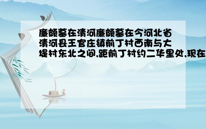 廉颇墓在清河廉颇墓在今河北省清河县王官庄镇前丁村西南与大堤村东北之间,距前丁村约二华里处,现在已无遗迹.旧志载：“在县西二十五里,与鲧堤近,明万历八年知县向日红封识,东西阔十