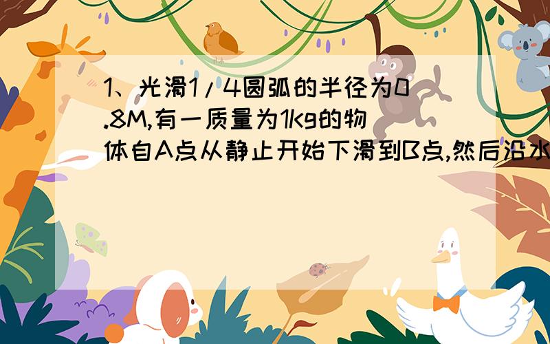 1、光滑1/4圆弧的半径为0.8M,有一质量为1Kg的物体自A点从静止开始下滑到B点,然后沿水平面前进4m,到达C点停止.求：（1）物体到达B点时的速率；（2）在物体沿水平面运动的过程中摩擦力做的