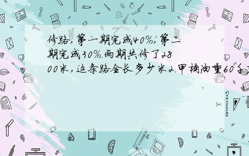 修路,第一期完成40％,第二期完成30％.两期共修了2800米,这条路全长多少米2.甲桶油重60千克,乙桶重50千克.用去同样多的油后,甲桶的油是乙桶的150％.用去了多少千克