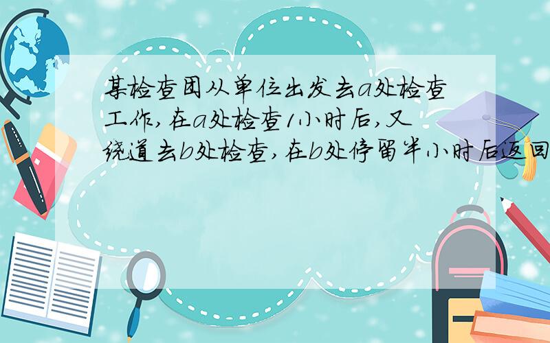 某检查团从单位出发去a处检查工作,在a处检查1小时后,又绕道去b处检查,在b处停留半小时后返回单位去时的速度为5千米/小时,返回时的速度是4千米/小时,来回共用了5个半小时如果回来时因为