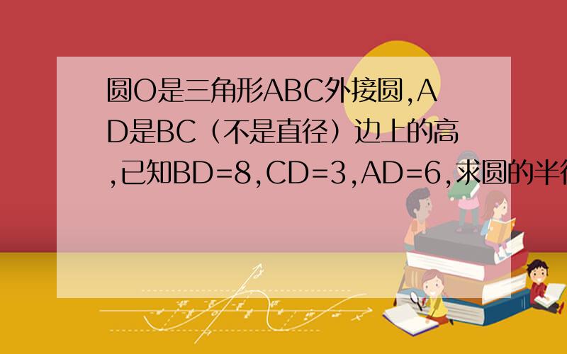 圆O是三角形ABC外接圆,AD是BC（不是直径）边上的高,已知BD=8,CD=3,AD=6,求圆的半径. 不要拿高中的知识帮我做啊``` 不要 课时作业 上的答案    辅助线已经给出