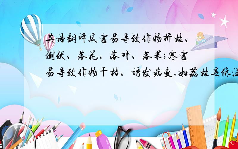 英语翻译风害易导致作物折枝、倒伏、落花、落叶、落果；寒害易导致作物干枯、诱发病变,如荔枝遇低温霜冻易导致炭疽病发生；旱害易导致作物萎蔫、发育不良等.还有一段很长的,麻烦再