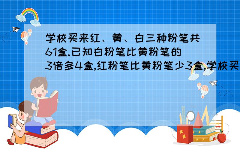 学校买来红、黄、白三种粉笔共61盒.已知白粉笔比黄粉笔的3倍多4盒,红粉笔比黄粉笔少3盒,学校买来红、黄、白三种粉笔共几盒