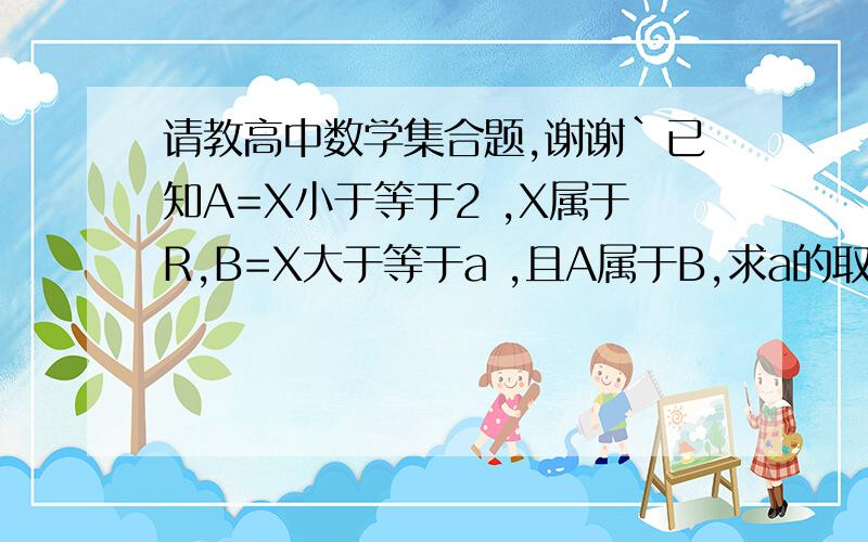 请教高中数学集合题,谢谢`已知A=X小于等于2 ,X属于R,B=X大于等于a ,且A属于B,求a的取值范围.