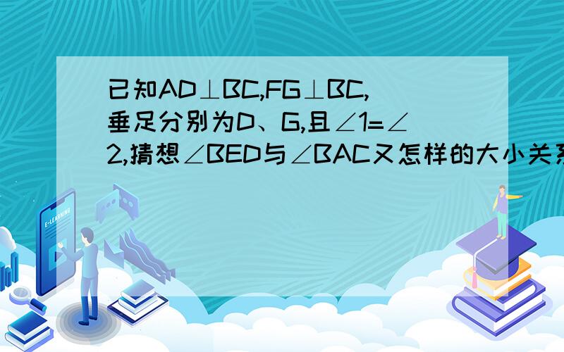 已知AD⊥BC,FG⊥BC,垂足分别为D、G,且∠1=∠2,猜想∠BED与∠BAC又怎样的大小关系?试说明理由