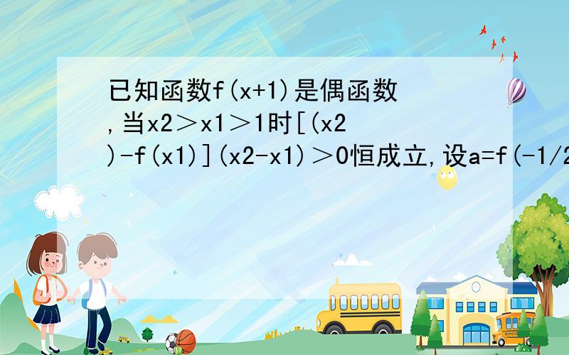 已知函数f(x+1)是偶函数,当x2＞x1＞1时[(x2)-f(x1)](x2-x1)＞0恒成立,设a=f(-1/2),b=f(2)c=f(3),则abc的大小关系为