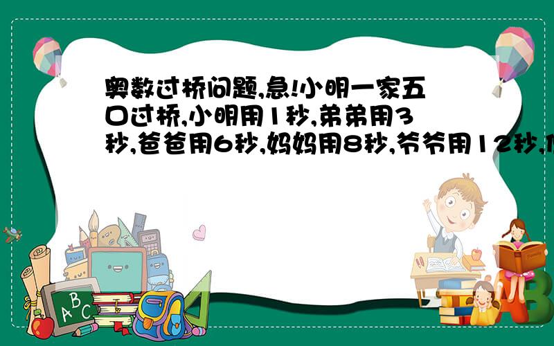 奥数过桥问题,急!小明一家五口过桥,小明用1秒,弟弟用3秒,爸爸用6秒,妈妈用8秒,爷爷用12秒,但是天黑必须打灯过桥,灯点燃后只能燃烧30秒,这座桥可以两个人一起过,过桥的速度由最慢的人决定