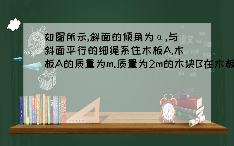 如图所示,斜面的倾角为α,与斜面平行的细绳系住木板A,木板A的质量为m.质量为2m的木块B在木板A的下面,并沿斜面匀速下滑.若A和B之间的动摩擦因数与B和斜面之间的动摩擦因数相同.求：（1）