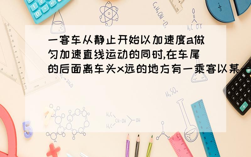 一客车从静止开始以加速度a做匀加速直线运动的同时,在车尾的后面离车头x远的地方有一乘客以某一恒定速度v正在追赶这辆客车,已知司机从车头反光镜内能看到离车头的最远距离为x..即人