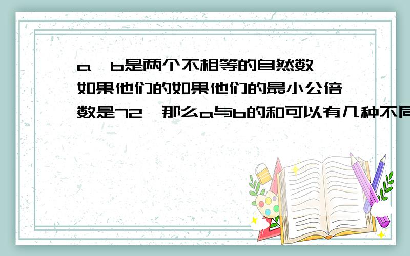 a,b是两个不相等的自然数,如果他们的如果他们的最小公倍数是72,那么a与b的和可以有几种不同的值.a,b是两个不相等的自然数,如果他们的如果他们的最小公倍数是72,那么a与b的和可以有几种不