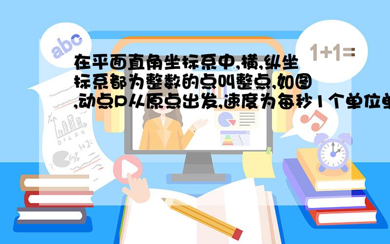 在平面直角坐标系中,横,纵坐标系都为整数的点叫整点,如图,动点P从原点出发,速度为每秒1个单位单位长度,且点P只能向上或向右运动,回答下列问题：（1） 填表     P从原点出发时间t   1秒