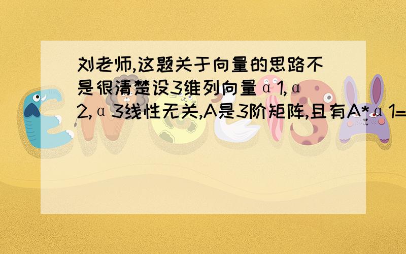 刘老师,这题关于向量的思路不是很清楚设3维列向量α1,α2,α3线性无关,A是3阶矩阵,且有A*α1=α1+2*α2+3*α3,A*α2=2*α2+3*α3,A*α3=3*α2-4*α3,试求行列式A