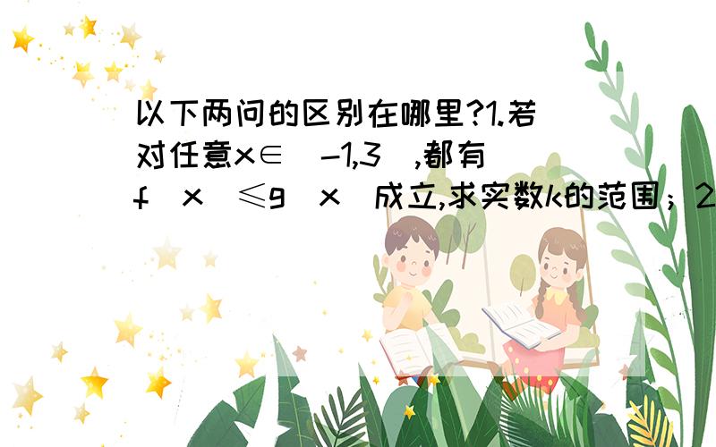 以下两问的区别在哪里?1.若对任意x∈[-1,3],都有f(x)≤g(x)成立,求实数k的范围；2.若对任意x1∈[-1,3],x2∈[-1,3],都有f(x1)≤g(x2)成立,求实数k的范围；（注：f(x)=2x^2+x-k),g(x)=x^3-3x)可以提高悬赏的!