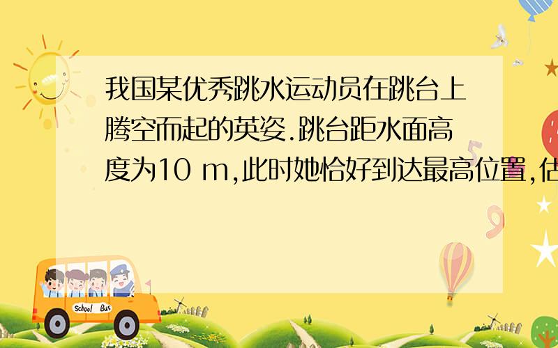 我国某优秀跳水运动员在跳台上腾空而起的英姿.跳台距水面高度为10 m,此时她恰好到达最高位置,估计此时她的重心离跳台台面的高度为1 m.当她下降到手触及水面时要伸直双臂做一个翻掌压