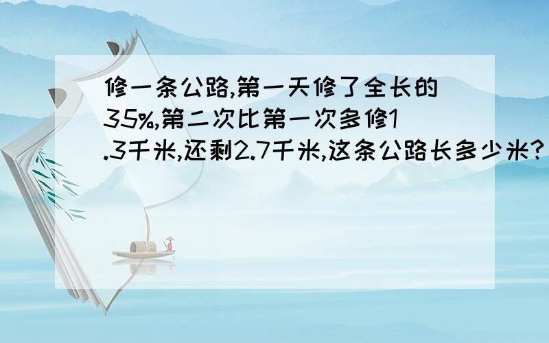 修一条公路,第一天修了全长的35%,第二次比第一次多修1.3千米,还剩2.7千米,这条公路长多少米?