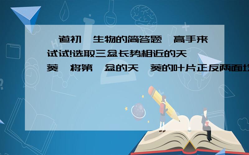 一道初一生物的简答题,高手来试试!选取三盆长势相近的天竺葵,将第一盆的天竺葵的叶片正反两面均匀地涂抹上一薄层凡士林,将第二盆天竺葵的反面涂上凡士林,第三盆天竺葵不作任何处理,