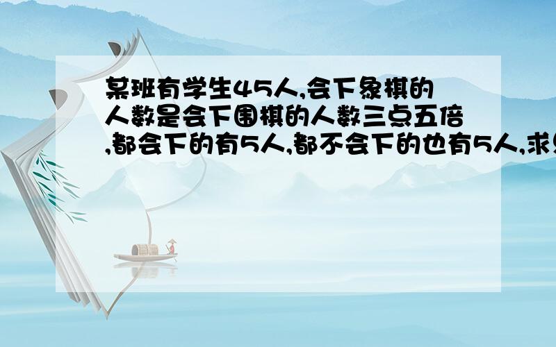 某班有学生45人,会下象棋的人数是会下围棋的人数三点五倍,都会下的有5人,都不会下的也有5人,求只会下围棋的人数