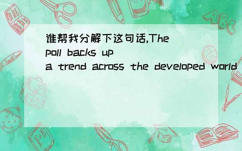 谁帮我分解下这句话,The poll backs up a trend across the developed world where many meet their long-term partners in the office due to working ever longer hours,and where Internet availability and social media sites make online flirting possi