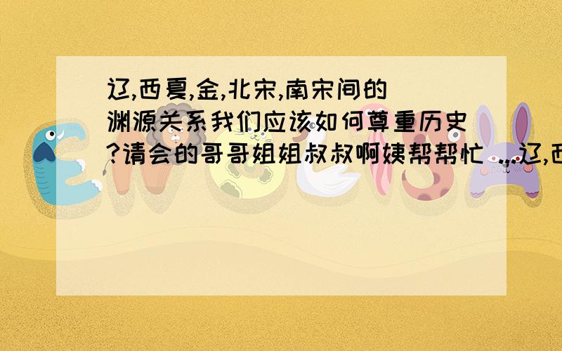 辽,西夏,金,北宋,南宋间的渊源关系我们应该如何尊重历史?请会的哥哥姐姐叔叔啊姨帮帮忙 ...辽,西夏,金,北宋,南宋间的渊源关系我们应该如何尊重历史?请会的哥哥姐姐叔叔啊姨帮帮忙 要讲