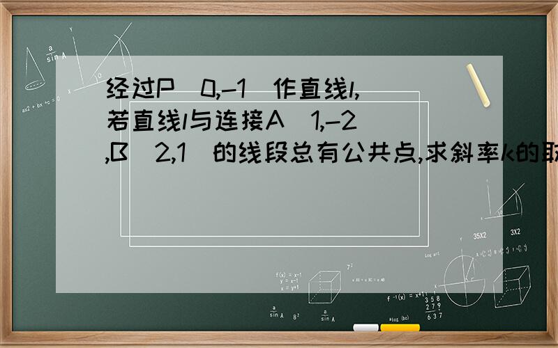 经过P(0,-1)作直线l,若直线l与连接A(1,-2),B(2,1)的线段总有公共点,求斜率k的取值范围