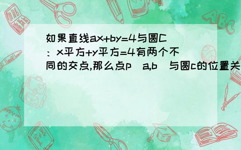 如果直线ax+by=4与圆C：x平方+y平方=4有两个不同的交点,那么点p（a,b）与圆c的位置关系为?