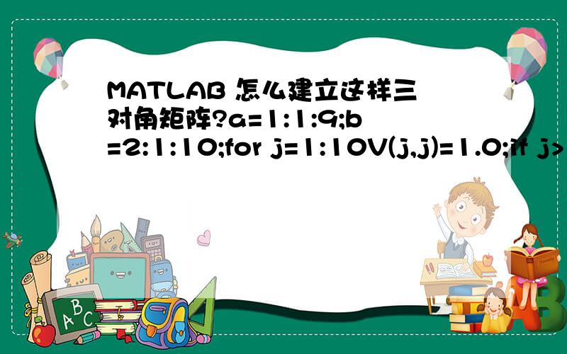 MATLAB 怎么建立这样三对角矩阵?a=1:1:9;b=2:1:10;for j=1:10V(j,j)=1.0;if j>1V(j-1,j)=a;V(j,j-1)=b;endend建立这样的三对角矩阵,运行后提示说Subscripted assignment dimension mismatch.要是改为V(j-1,j)=a0(1,1:9);V(j,j-1)=b0(1,1