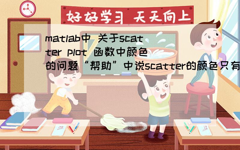 matlab中 关于scatter plot 函数中颜色的问题“帮助”中说scatter的颜色只有若干种（没弄错的化是8种不同颜色可用）比如：scatter(msdata(i,1),msdata(i,2),'.','y');scatter(msdata(i,1),msdata(i,2),'.','g');scatter(msd