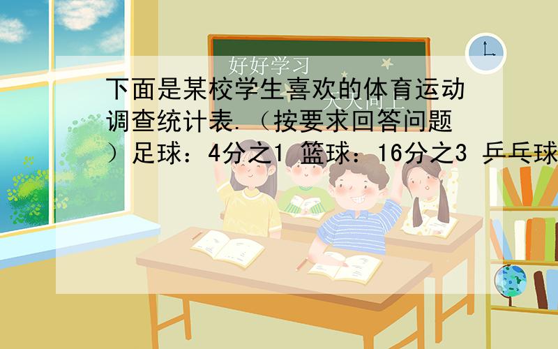 下面是某校学生喜欢的体育运动调查统计表.（按要求回答问题）足球：4分之1 篮球：16分之3 乒乓球：32分之4 跳绳：8分之3 踢毽子：16分之1（1）喜欢三种球类运动的人数占总人数的几分之几