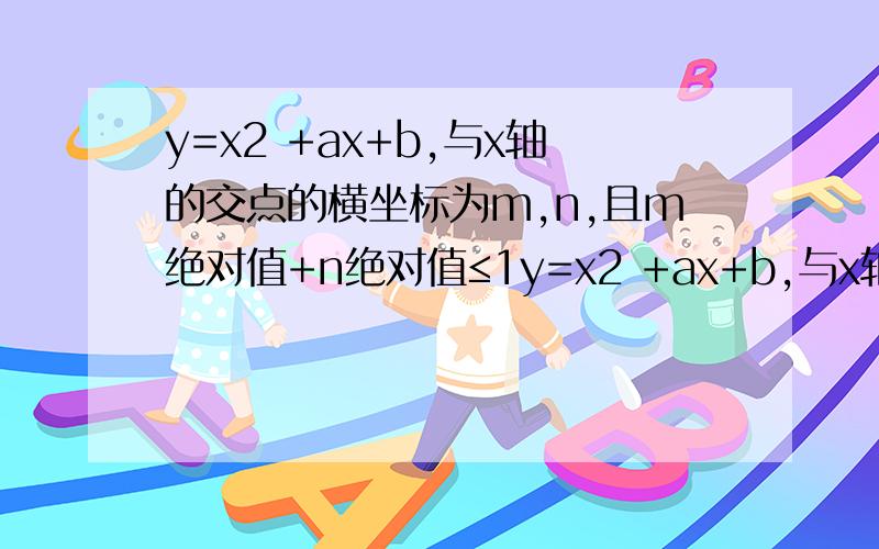 y=x2 +ax+b,与x轴的交点的横坐标为m,n,且m绝对值+n绝对值≤1y=x2 +ax+b,与x轴的交点的横坐标为m,n,且/m/+/n/≤1,设b的最大值为p,b的最小值为q,求/p/+/q/