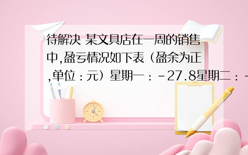 待解决 某文具店在一周的销售中,盈亏情况如下表（盈余为正,单位：元）星期一：-27.8星期二：-70.3星期三：200 星期四：138.1 星期五：-8 星期六：星期日：188 合计：458表中星期六的盈亏数被