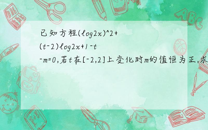 已知方程(log2x)^2+(t-2)log2x+1-t-m=0,若t在[-2,2]上变化时m的值恒为正,求x的取