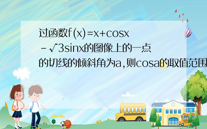 过函数f(x)=x+cosx-√3sinx的图像上的一点的切线的倾斜角为a,则cosa的取值范围是