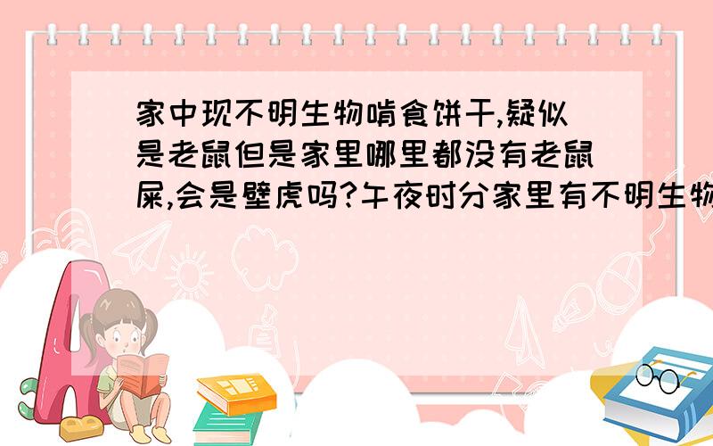 家中现不明生物啃食饼干,疑似是老鼠但是家里哪里都没有老鼠屎,会是壁虎吗?午夜时分家里有不明生物出现,把放在桌子上的一袋饼干啃得个稀碎,我醒来悄悄摸手机时候它跑了.跑路时候掉了