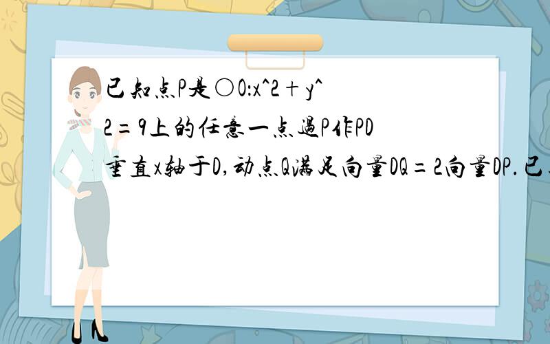 已知点P是○O：x^2+y^2=9上的任意一点过P作PD垂直x轴于D,动点Q满足向量DQ=2向量DP.已知点E（1,1）,在已知点P是○O：x^2+y^2=9上的任意一点过P作PD垂直x轴于D,动点Q满足向量DQ=2/3向量DP.已知点E（1,1）