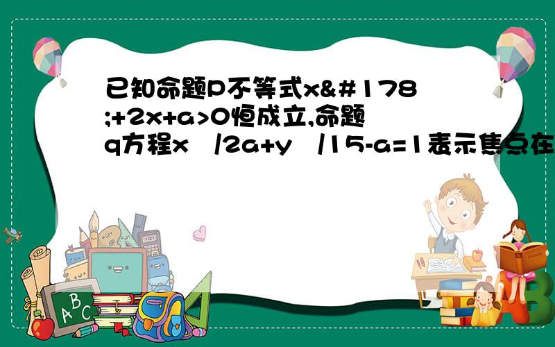 已知命题P不等式x²+2x+a>0恒成立,命题q方程x²/2a+y²/15-a=1表示焦点在y轴上的椭圆,若pVq为真,p^q为假,求实数a的取值范围