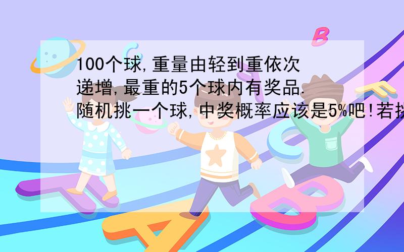 100个球,重量由轻到重依次递增,最重的5个球内有奖品.随机挑一个球,中奖概率应该是5%吧!若挑中这个球得知这球份量很重,那么这时中奖概率是多大?是否要大于5%?