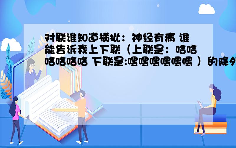 对联谁知道横批：神经有病 谁能告诉我上下联（上联是：哈哈哈哈哈哈 下联是:嘿嘿嘿嘿嘿嘿 ）的除外!