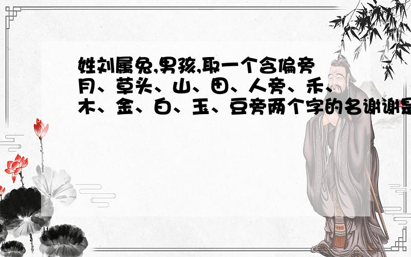 姓刘属兔,男孩,取一个含偏旁月、草头、山、田、人旁、禾、木、金、白、玉、豆旁两个字的名谢谢是刘某某,总笔画加一起时31画,刘是繁体刘加名一共31画例如：刘名朗 【刘】是十五画 名是