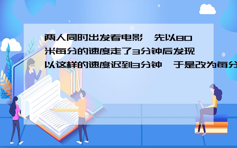 两人同时出发看电影,先以80米每分的速度走了3分钟后发现以这样的速度迟到3分钟,于是改为每分钟110米的速度往前走,结果提前3分钟到达.从学校到电影院有多远?盈亏问题解法和思路不要方程