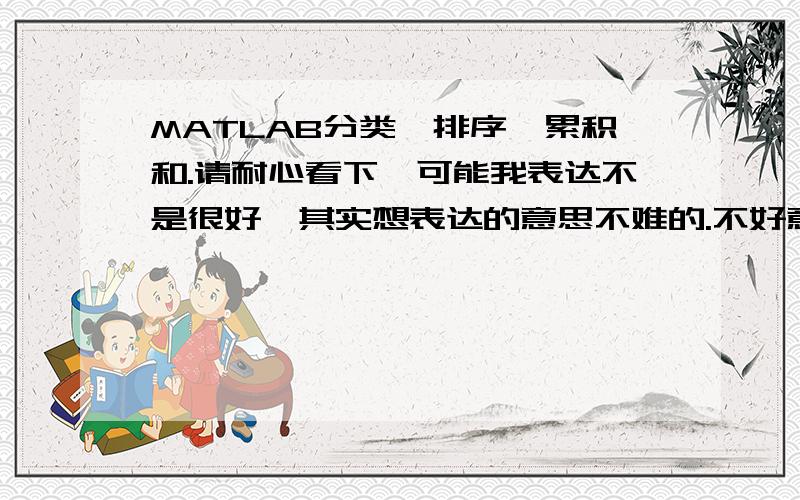 MATLAB分类,排序,累积和.请耐心看下,可能我表达不是很好,其实想表达的意思不难的.不好意思,我真的没有悬赏了!假设有一离散分布X=[2,0.75;5,0.1;10,0.05;20,0.05;30,0.05],现在要确定累积概率权重值G.