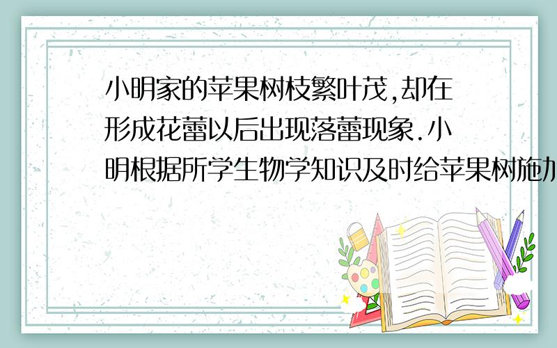 小明家的苹果树枝繁叶茂,却在形成花蕾以后出现落蕾现象.小明根据所学生物学知识及时给苹果树施加了适量的化肥以后,就不再出现落蕾现象,并且不久开花了.请问小明施加的化肥是什么?A氮