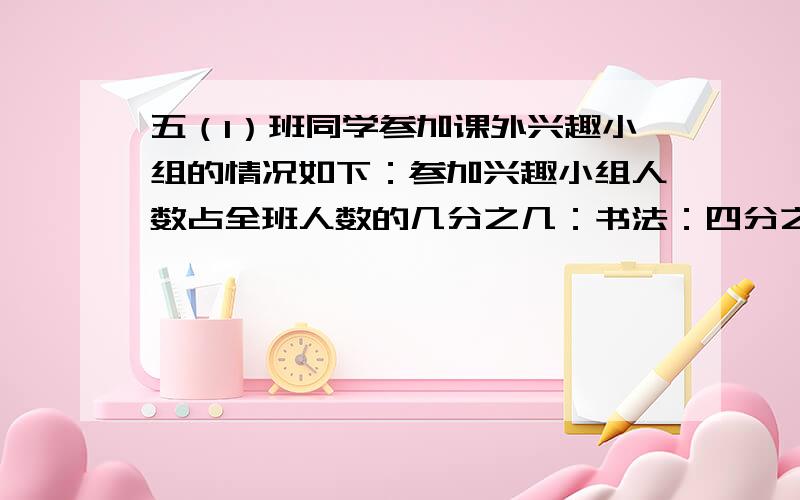 五（1）班同学参加课外兴趣小组的情况如下：参加兴趣小组人数占全班人数的几分之几：书法：四分之一体育：五分之二计算机：十分之三问：参加体育兴趣小组的同学比参加书法和计算机