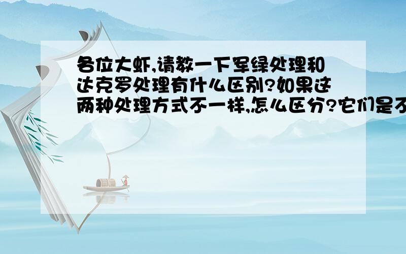 各位大虾,请教一下军绿处理和达克罗处理有什么区别?如果这两种处理方式不一样,怎么区分?它们是不是与镀彩锌处理和镀白锌相似?帮帮忙啦