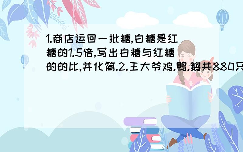 1.商店运回一批糖,白糖是红糖的1.5倍,写出白糖与红糖的的比,并化简.2.王大爷鸡.鸭.鹅共880只,它们的只数比为10:7:5,各有多少只?3.把45本书分给3个班,1班有36人,2班有30人,3班有24人,各班应分多少