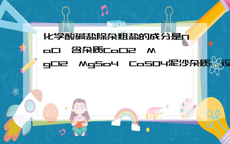 化学酸碱盐除杂粗盐的成分是NaCl、含杂质CaCl2、MgCl2、MgSo4,CaSO4泥沙杂质,设计实验,加入过量试剂,彻底除杂质,的纯净NaCl求方程式啊.