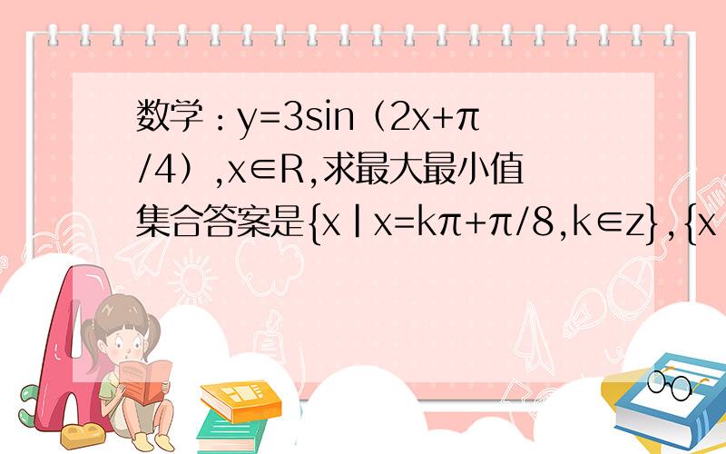 数学：y=3sin（2x+π/4）,x∈R,求最大最小值集合答案是{x|x=kπ+π/8,k∈z},{x|x=kπ-3π/8,k∈z}请写出过程,谢谢.